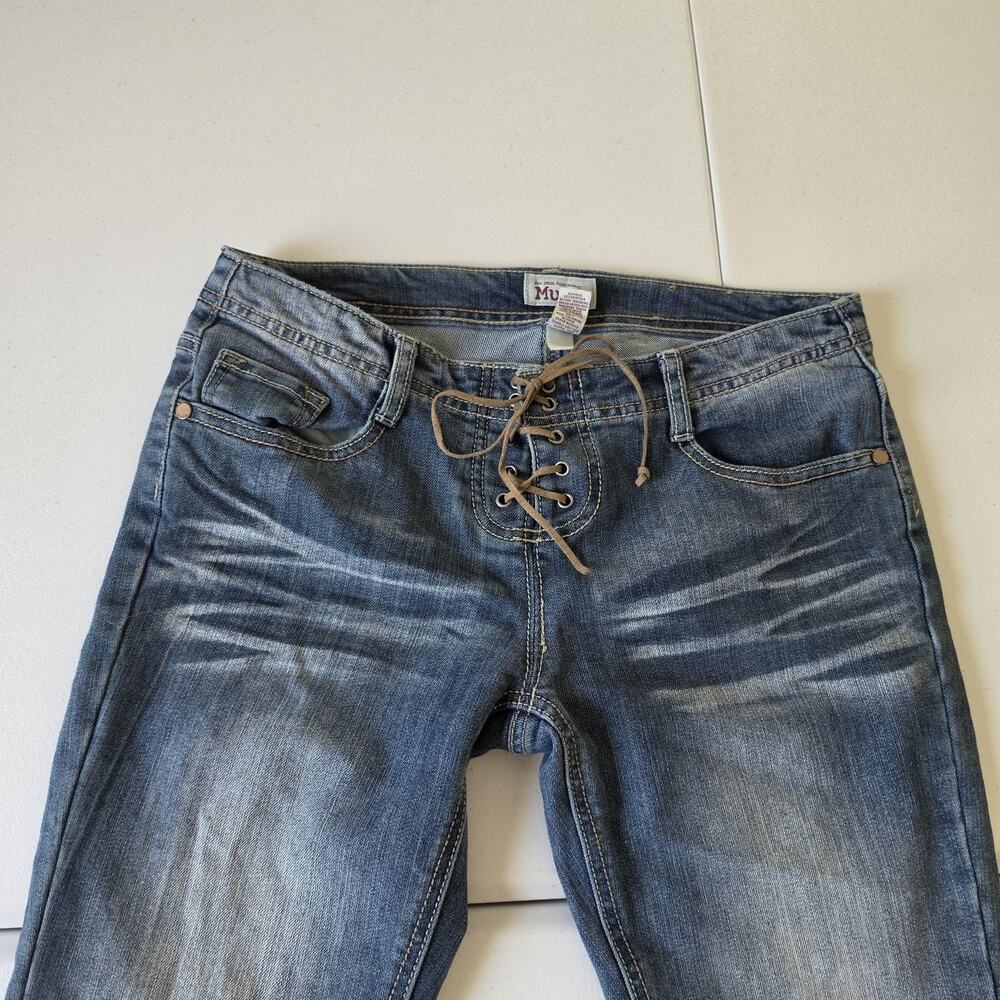 Y2K Mudd Jeans Juniors 11 Medium Wash Blue Low Rise Flare Lace Up Stretch Denim - Picture 2 of 11